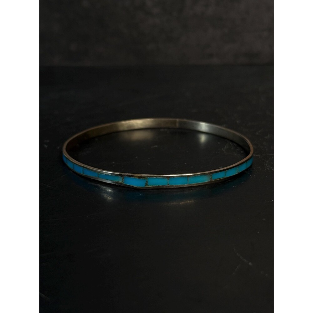 Vintage Alpaca Silver Turquoise Inlay Bangle Bracelet Mexico